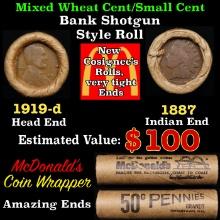 Small Cent Mixed Roll Orig Brandt McDonalds Wrapper, 1919-d Lincoln Wheat end, 1887 Indian other end