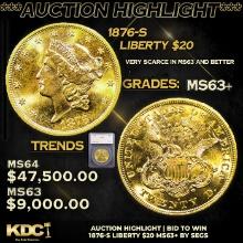 ***Auction Highlight*** 1876-s Gold Liberty Double Eagle $20 Graded ms63+ By SEGS (fc)