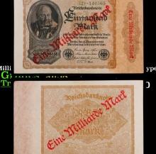 1922/1923 Weimar Germany 1 Milliarde Marks on 1000 Marks (overprint) Hyperinflation Note P# 113a, 7t