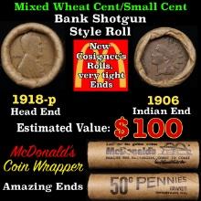 Small Cent Mixed Roll Orig Brandt McDonalds Wrapper, 1918-p Lincoln Wheat end, 1906 Indian other end