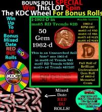 1-10 FREE BU RED Penny rolls with win of this 1962-d SOLID RED BU Lincoln 1c roll incredibly FUN whe