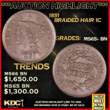 ***Major Highlight*** 1851 Braided Hair Large Cent 1c ms65+ bn SEGS (fc)