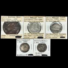Lot of 5 silver & bronze Bolivia & Guatemala commemorative coins & tokens