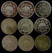 Lot of 9 U.S. shield nickels