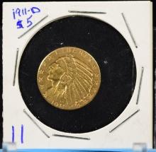 1911-D $5 Gold Indian AU55 Rare Date