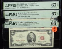 1963 $2 Legal Tender 3 Notes Consecutive PMG66EPQ G7