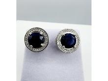 Sterling Silver Natural Blue Sapphire (5.78ct) and CZ (2.4ct) Earring