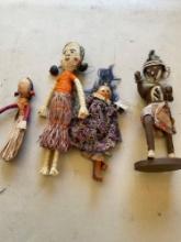 Vintage. Snake Dan doll, wood doll straw dolls. 4 dolls