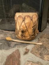 Vintage hand made Native, wood and rawhide tribal drum 11"T x 9" W & drum beater 14"L