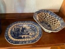 Antique blue and white glazed ceramic plate and dish. Dish handle is broken see pic