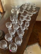 Vintage 27 assorted rippled crystal glasses, glass vase & glass bowl. 29 pieces total