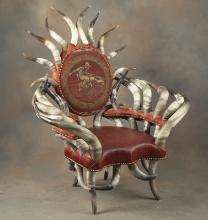 Fantastic custom made, oversized Horn Chair with leather seat and fabric back. This incredible chair