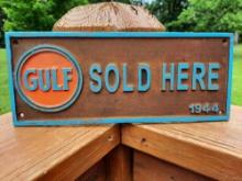 Heavy Cast Iron Gulf Sold Here Dated 1944 Sign Plaque
