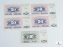 Five 1992 Bosnia & Herzegovina Notes - Four 50 Dinara & One 100 Dinara