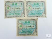 Three 1945 One Yen Japanese WWII Allied Military Currency - Crisp VF-XF