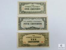 1942 WWII Japanese Occupation of the Philippines - One, Five, & 10 Centavos - Crisp UNC