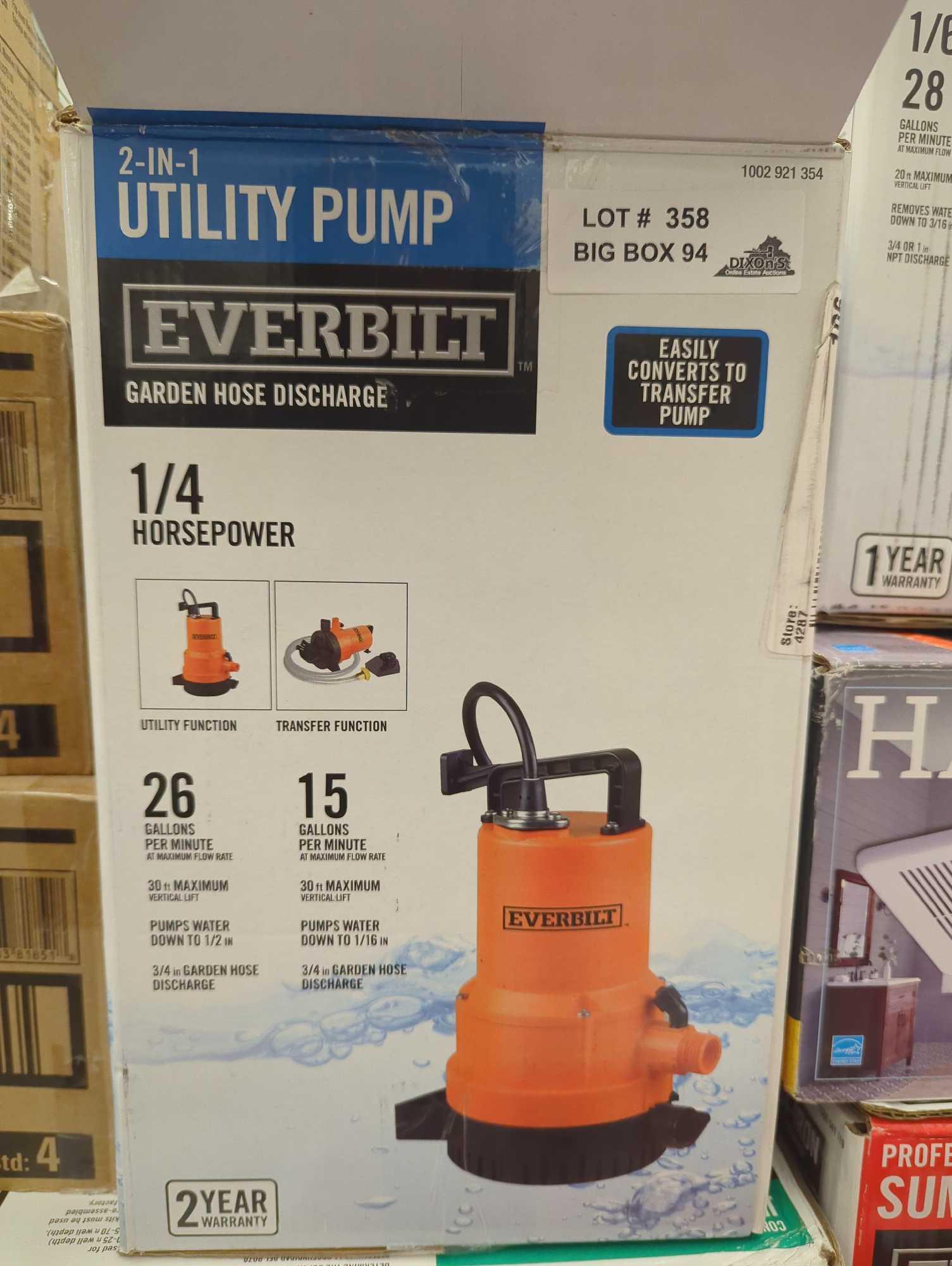 Everbilt 1/4 HP 2-in-1 Submersible Utility and Transfer Pump, Appears to be Slightly Used Retail