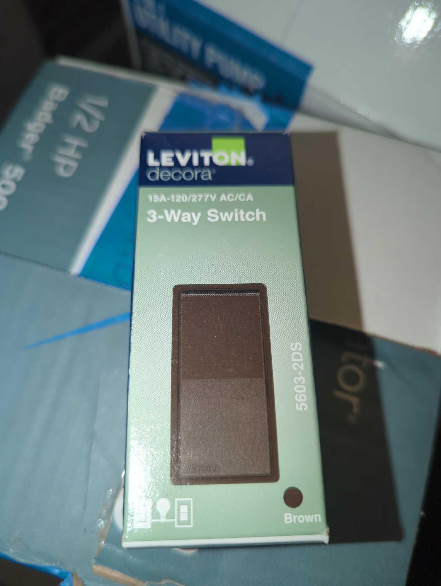 Box Lot of Assorted Items Including Leviton Decora 15 Amp 3-Way Switch, Leviton 15 Amp