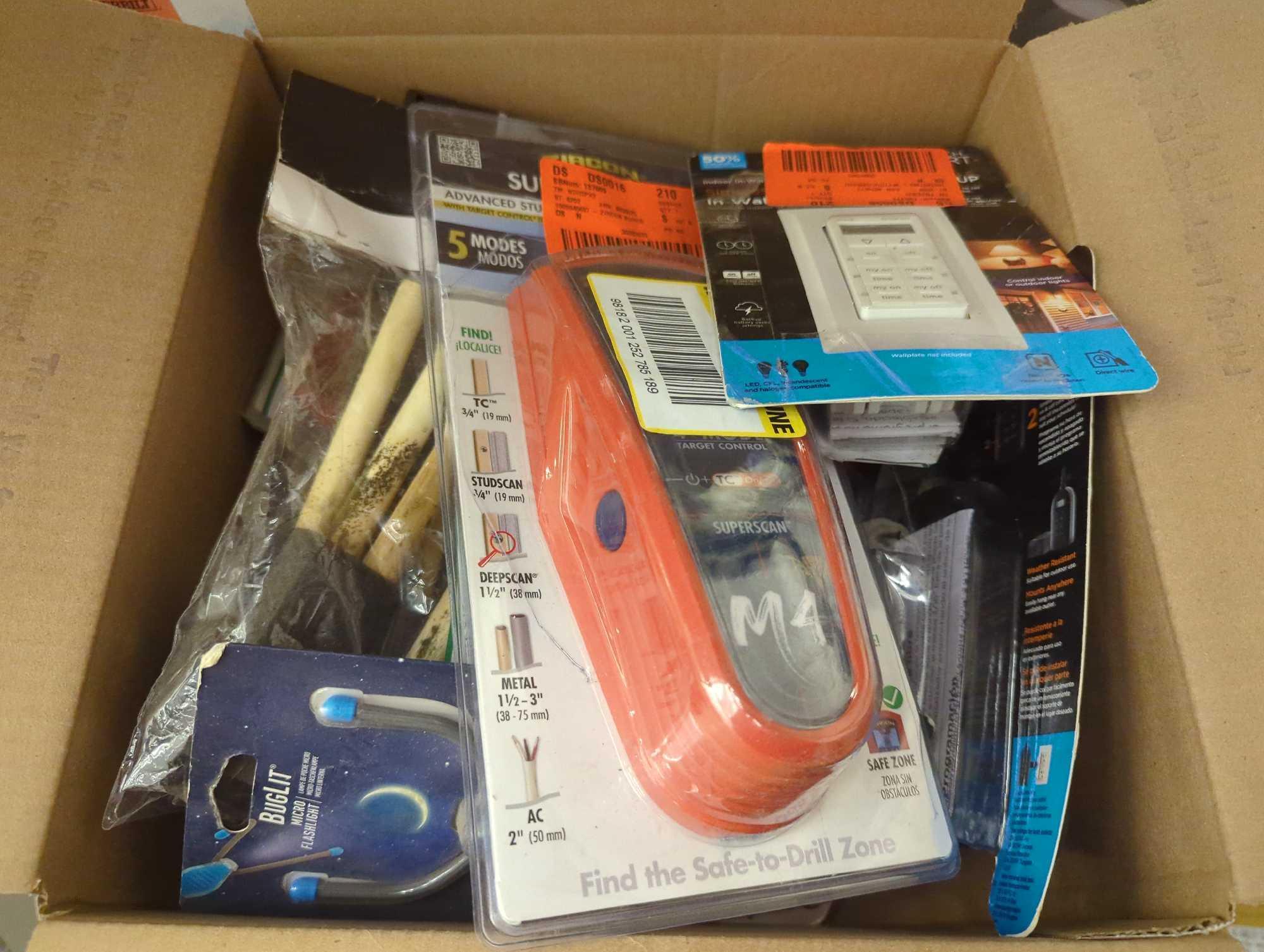 Box Lot of Assorted Items to Include, Buglit Micro Flashlight in Package, Zircon Superscan M4,