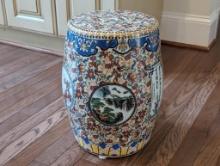 CHINESE PORCELAIN PLANT STAND. FLORAL DETAILING WITH VILLAGE SCENES, CHINESE SYMBOLS & CHERRY