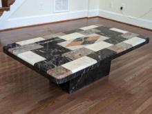 PIETRE DURA ITALIAN MOSAIC BLACK MARBLE COFFEE TABLE FROM THE 1970'S. SIMILAR ONE CURRENTLY ONLINE