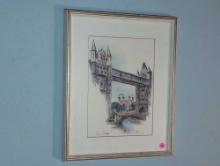 (DBR2) FRAMED LITHOGRAPH DEPICTING THE TOWER BRIDGE, SIGNED GLORIANA. DISPLAYED IN A WHITE/GOLD
