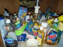 (KIT) CABINET LOT OF USED AND OR NEW ASSORTED CLEANING PRODUCTS TO INCLUDE, AJAX ORANGE USED, DAWN