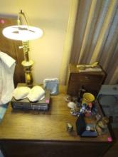 (UPBR1) CONTENTS OF NIGHTSTAND, LAMP 21"H, CLOCK, 3 DRAWER JEWELRY BOX 9"X5"X9" , WATCH, ETC, SEE