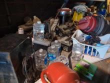 (GAR) LARGE LOT OF ITEMS TO INCLUDE LAWN MOWER, STOOLS, CHEMICALS, CAR PARTS, GARAGE DOOR OPENERS,