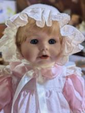 (GAR) Dynasty Doll Collection Porcelain Doll, Blonde Hair and Blue Eyed Doll Wearing a Pink Shirt,
