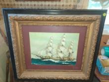 (DR) VTG FRAMED J.O. COSGRAVE II "SHIP SLOOP WASP 1812" NAUTICAL LITHOGRAPH SHIP ART PRINT IN WOODEN