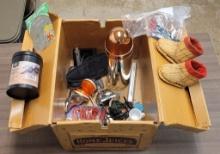 BOX OF MISCELLANEOUS: SCISSORS, FISHING REEL