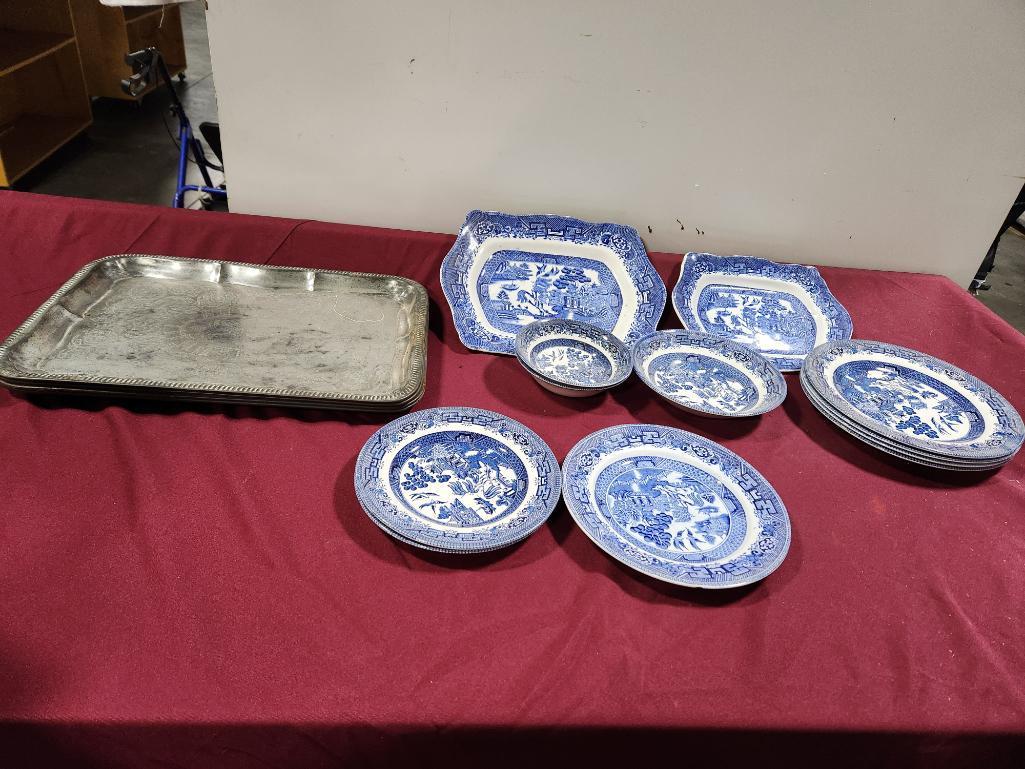 Flow Blue Plates, Silver Plated Platter