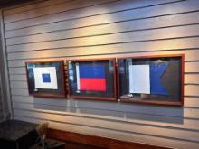 Three Framed Navy Signal Flags in Shadowbox Frames & Custom Wrought Iron Mounting Bars
