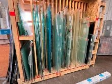CONTENTS OF RACK: LARGE QTY OF GLASS & MIRROR CUTOFFS, TAMPERED GLASS SUPPORT EQUIPMENT