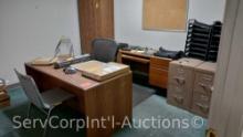 Lot in Office of 2 Wooden Desks, 2 Letter 2-Drawer File Cabinets, In/Out Trays, 2-Door Wooden