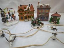 CHRISTMAS VILLAGE GROUP. 2 INNS WILL LIGHT UP , PLAY GROUND NEEDS A BATTER ADAPTER (UNKNOWN WHAT