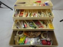 "OLD PAL" WOODSTREAM TACKLE BOX WITH MANY VINTAGE LURES AND TACKLE INSIDE