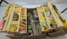VINTAGE TACKLE BOX WITH MANY MISCELLANEOUS VINTAGE TACKLE. SPOONS, SINKERS, JIGS, TOO MANY TO NAME ,