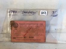 Collector Vintage 1940 San Diego Bicyle Identification Card No.6189 - See Pictures