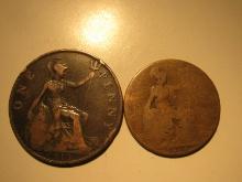 Foreign Coins: Great Britain 1919 Penny & 1914 (WWI) 1/2 Penny