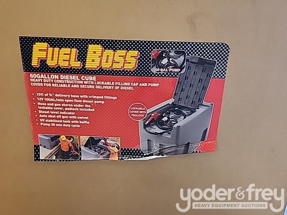 Unused Fuel Boss 60 Gallon Diesel 12V Transfer Unit, 13' Delivery Hose c/w Hose and Gun, 10 GPM