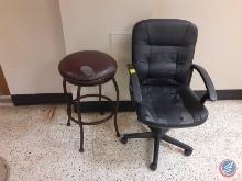 (1) office chair with damage,(1) stool with damage measurements are 18x30