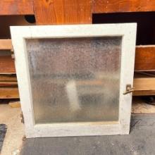 Vintage Wood Framed Pressed Glass Window w/Hinges and Latch