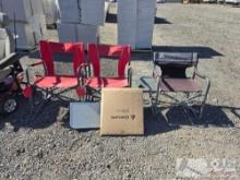 (3) Camping Chairs, Coghlan's Pop-Up Camp Trash Can, and Collapsible Table