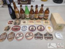 (8) Vintage Beer Bottles and Coasters