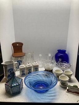 Blue Delft canisters, carnival glass, art glass bowl, glassware, and more