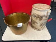 Metal assketi bucket and vintage pottery with metal handle