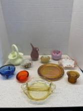 Satin glass hand painted egg, Fenton vase, cobalt blue dish, and more