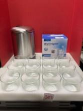 Mini metal trashcan, new in box oral irrigator, and drinking glasses no